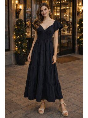 Express Black Tiered Maxi Dress Cotton Smocked V-Neck Flutter Small NWT